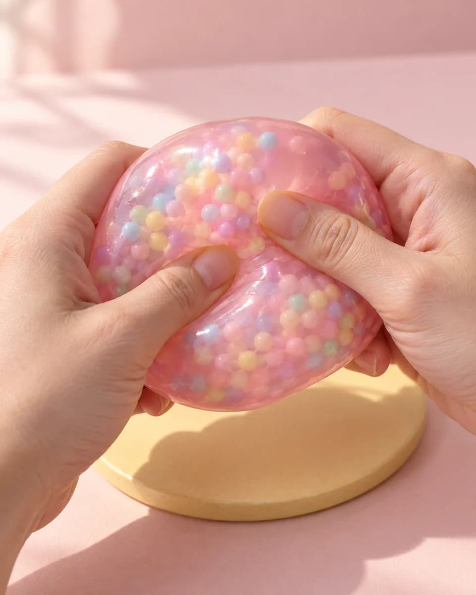 Hands gently squeezing a pink beaded squishy on a pastel tabletop